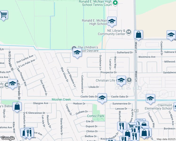 map of restaurants, bars, coffee shops, grocery stores, and more near 721 Prospector Drive in Stockton