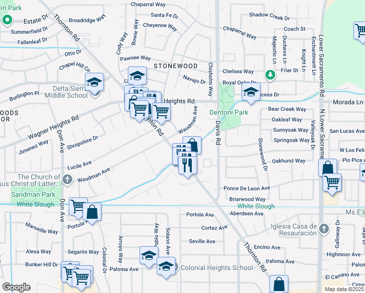 map of restaurants, bars, coffee shops, grocery stores, and more near 9012 Thornton Road in Stockton