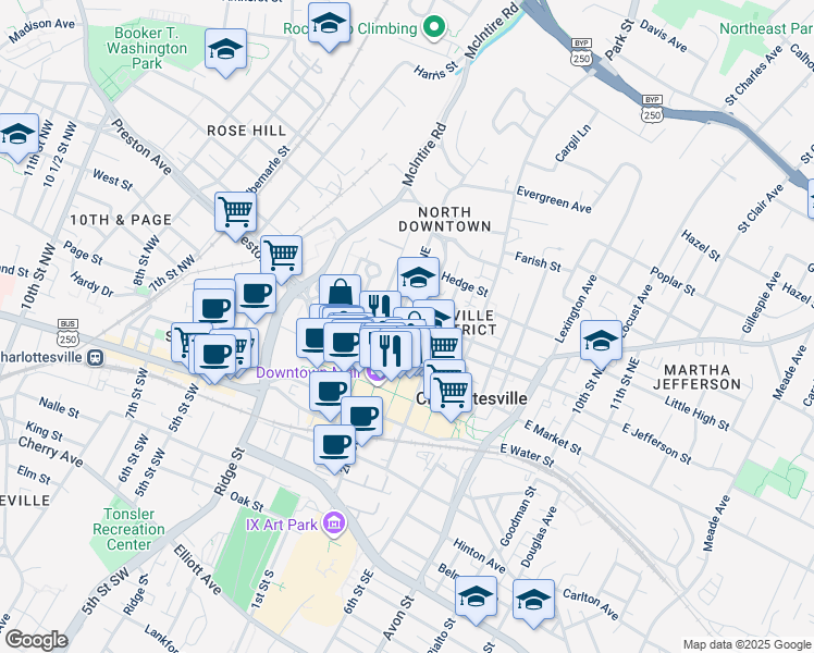 map of restaurants, bars, coffee shops, grocery stores, and more near 217 East Jefferson Street in Charlottesville