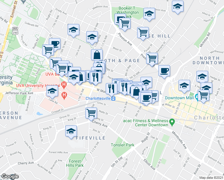 map of restaurants, bars, coffee shops, grocery stores, and more near 835 West Main Street in Charlottesville
