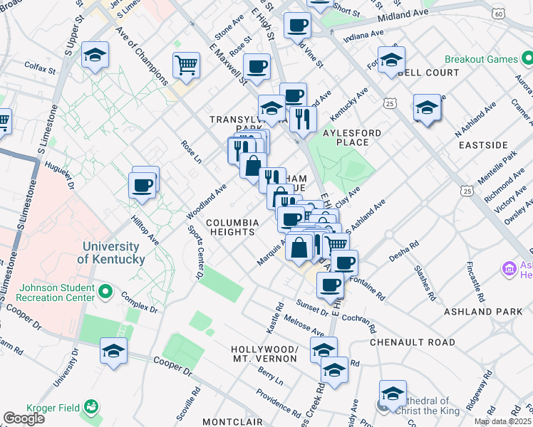 map of restaurants, bars, coffee shops, grocery stores, and more near 426 Oldham Avenue in Lexington