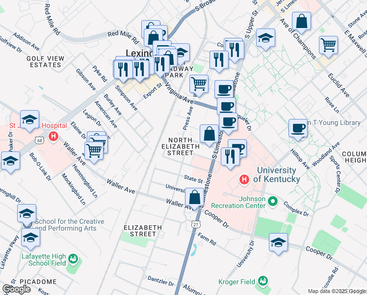 map of restaurants, bars, coffee shops, grocery stores, and more near 163 Transcript Avenue in Lexington