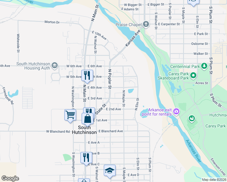 map of restaurants, bars, coffee shops, grocery stores, and more near 324 North Poplar Street in South Hutchinson