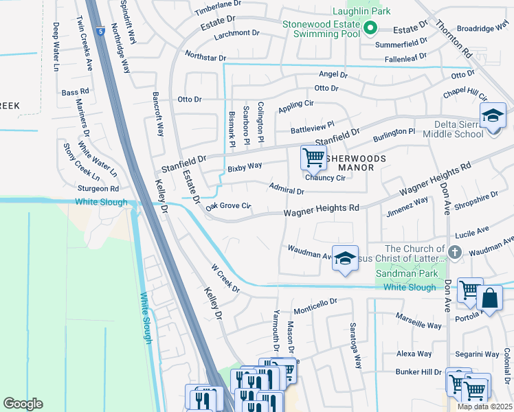 map of restaurants, bars, coffee shops, grocery stores, and more near 3321 Oak Grove Circle in Stockton