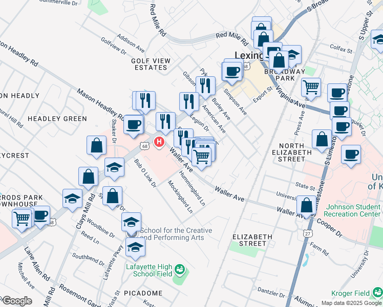 map of restaurants, bars, coffee shops, grocery stores, and more near 350 Elaine Drive in Lexington