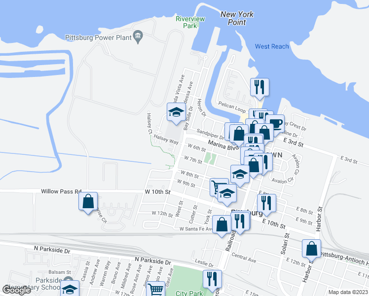 map of restaurants, bars, coffee shops, grocery stores, and more near 625 Herb White Way in Pittsburg