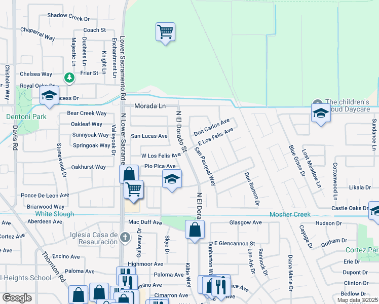 map of restaurants, bars, coffee shops, grocery stores, and more near 6 East Los Felis Avenue in Stockton