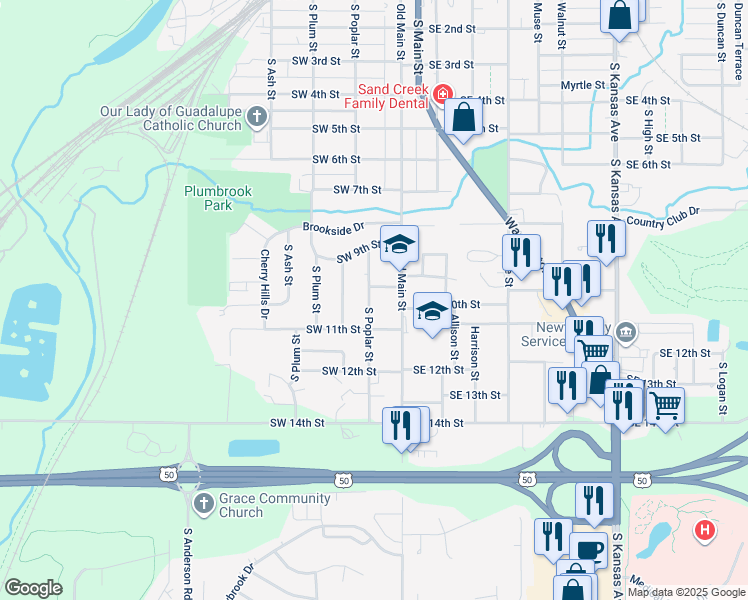 map of restaurants, bars, coffee shops, grocery stores, and more near 1004 South Poplar Street in Newton