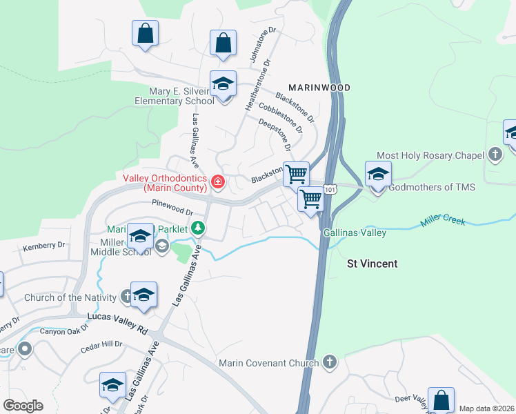 map of restaurants, bars, coffee shops, grocery stores, and more near 45 Grande Paseo in San Rafael