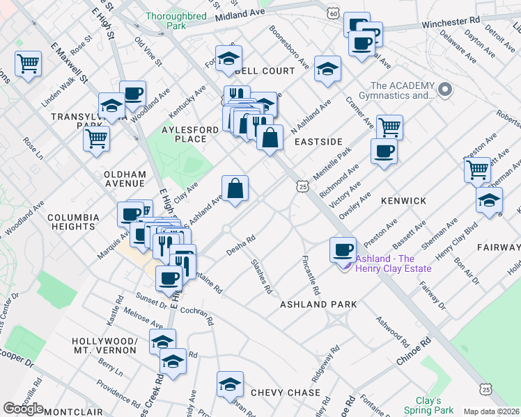 map of restaurants, bars, coffee shops, grocery stores, and more near 977 Fincastle Road in Lexington