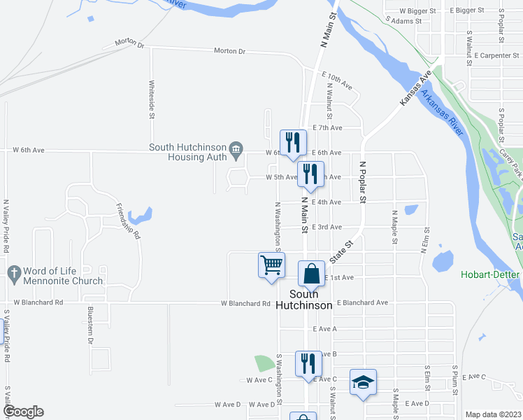 map of restaurants, bars, coffee shops, grocery stores, and more near in South Hutchinson