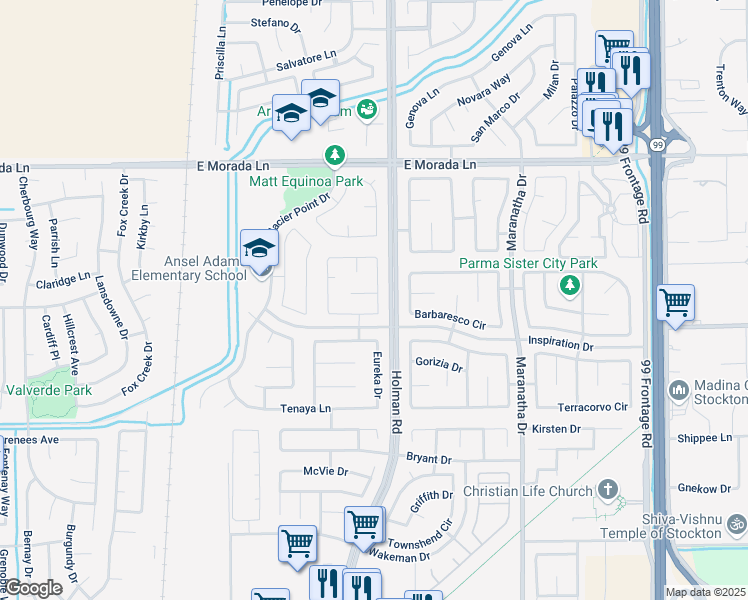 map of restaurants, bars, coffee shops, grocery stores, and more near 3440 Dewey Court in Stockton
