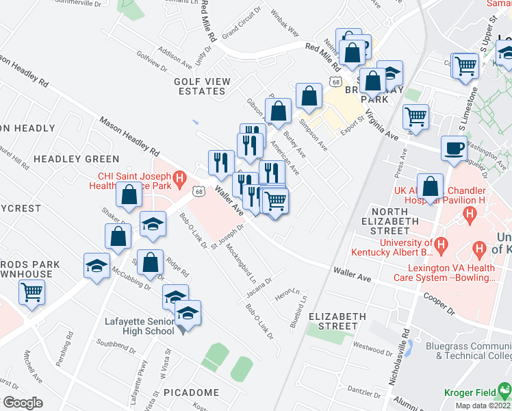 map of restaurants, bars, coffee shops, grocery stores, and more near 350 Elaine Drive in Lexington