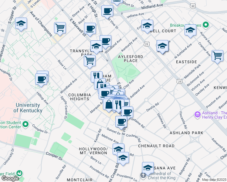 map of restaurants, bars, coffee shops, grocery stores, and more near 326 Lafayette Avenue in Lexington