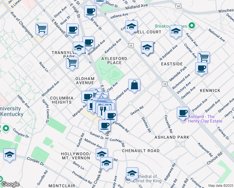 map of restaurants, bars, coffee shops, grocery stores, and more near 265 South Ashland Avenue in Lexington