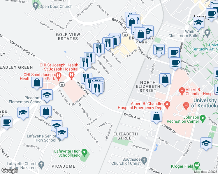 map of restaurants, bars, coffee shops, grocery stores, and more near 1311 Southern Avenue in Lexington