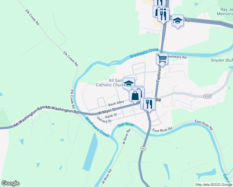map of restaurants, bars, coffee shops, grocery stores, and more near 309 Washington Street in Taylorsville