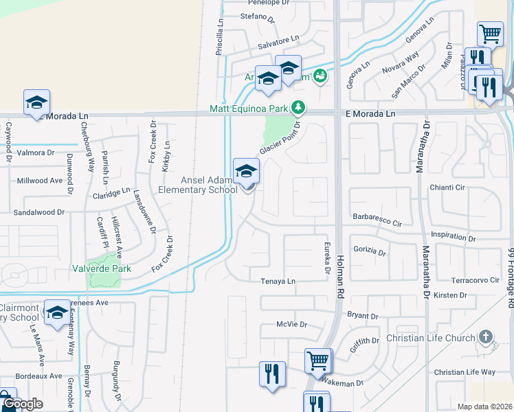 map of restaurants, bars, coffee shops, grocery stores, and more near 9022 Bridalveil Circle in Stockton