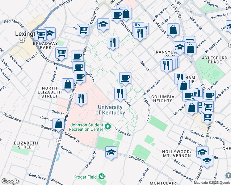 map of restaurants, bars, coffee shops, grocery stores, and more near 340 Hilltop Avenue in Lexington