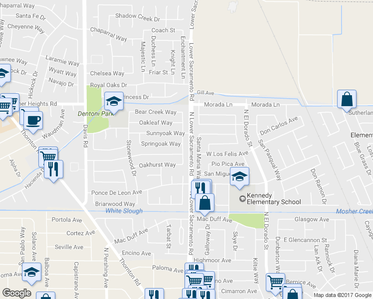 map of restaurants, bars, coffee shops, grocery stores, and more near 8918 Valley Oak Drive in Stockton