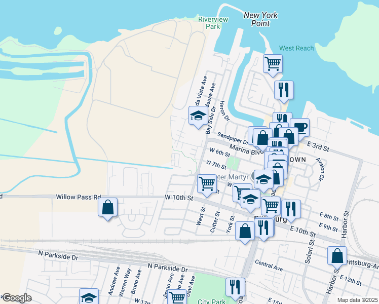 map of restaurants, bars, coffee shops, grocery stores, and more near 86 Standley Court in Pittsburg