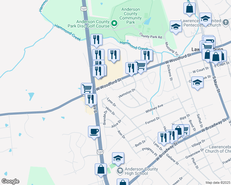 map of restaurants, bars, coffee shops, grocery stores, and more near 853 Copperfield Drive in Lawrenceburg