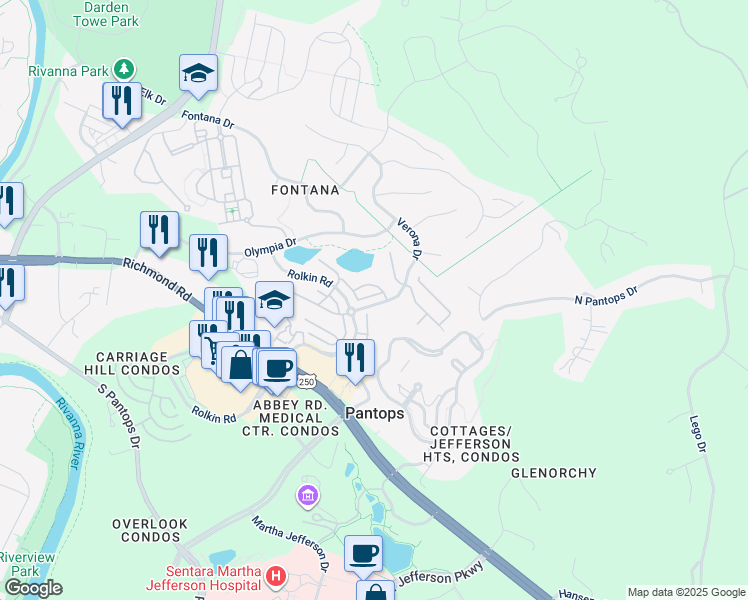 map of restaurants, bars, coffee shops, grocery stores, and more near 1860 Verona Drive in Charlottesville