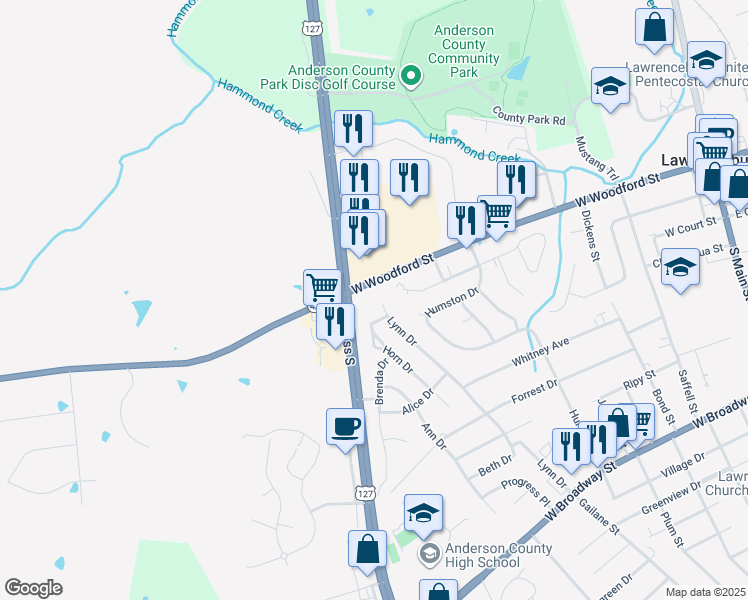 map of restaurants, bars, coffee shops, grocery stores, and more near 235 Lynn Drive in Lawrenceburg