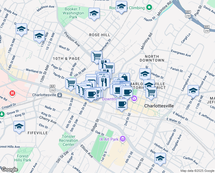 map of restaurants, bars, coffee shops, grocery stores, and more near 382 Ridge McIntire Road in Charlottesville