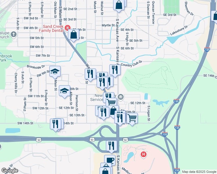 map of restaurants, bars, coffee shops, grocery stores, and more near 521 Southeast 10th Street in Newton