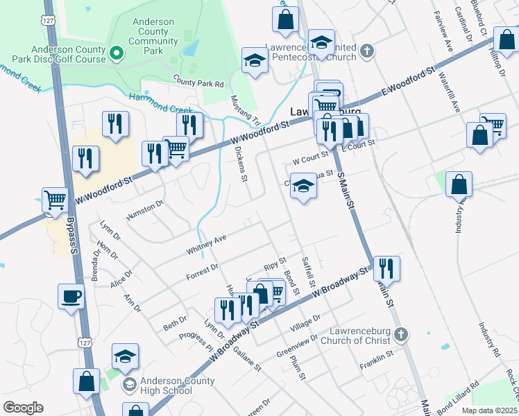 map of restaurants, bars, coffee shops, grocery stores, and more near 310 Bond Street in Lawrenceburg
