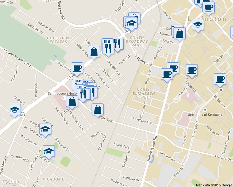 map of restaurants, bars, coffee shops, grocery stores, and more near 135 American Avenue in Lexington