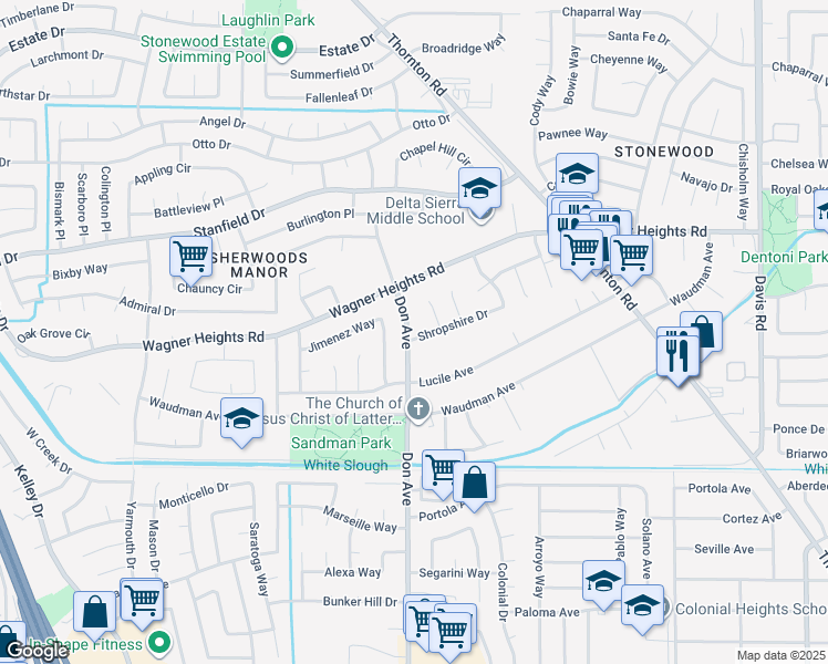 map of restaurants, bars, coffee shops, grocery stores, and more near 2457 Shropshire Drive in Stockton