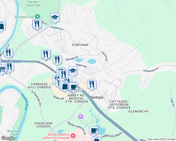 map of restaurants, bars, coffee shops, grocery stores, and more near 469 Rolkin Road in Charlottesville