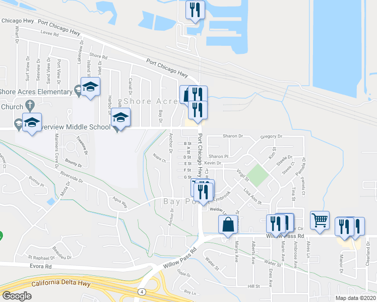 map of restaurants, bars, coffee shops, grocery stores, and more near A Street in Bay Point