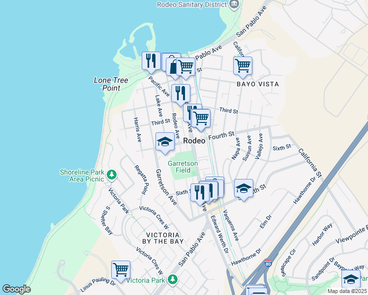 map of restaurants, bars, coffee shops, grocery stores, and more near 407 Rodeo Avenue in Rodeo