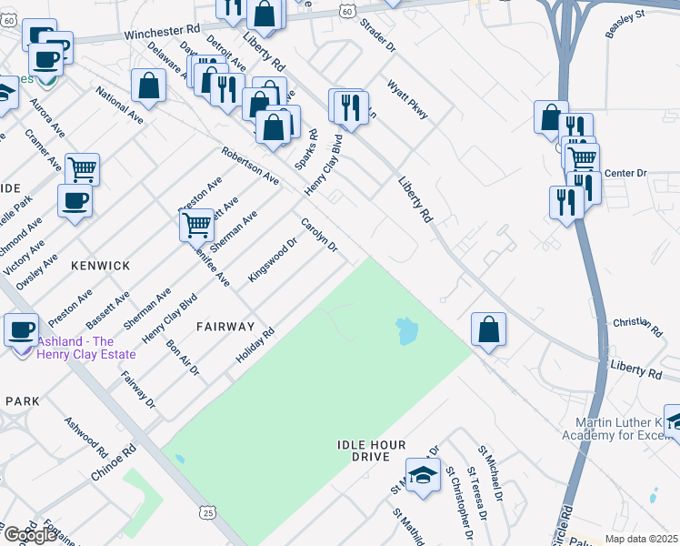 map of restaurants, bars, coffee shops, grocery stores, and more near 436 Holiday Road in Lexington