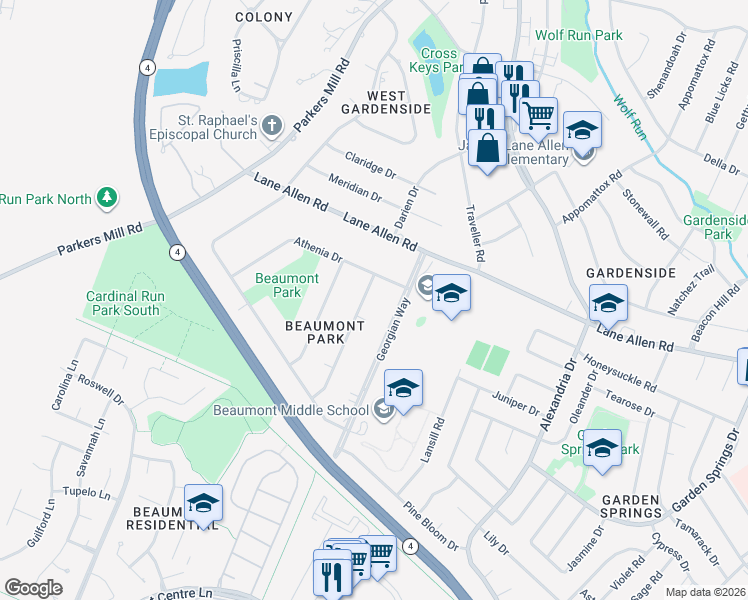 map of restaurants, bars, coffee shops, grocery stores, and more near 2042 Old Nassau Road in Lexington