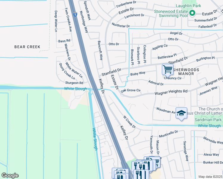 map of restaurants, bars, coffee shops, grocery stores, and more near 4327 Estate Drive in Stockton