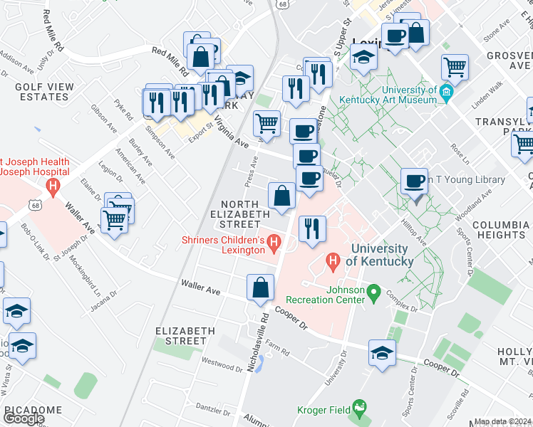 map of restaurants, bars, coffee shops, grocery stores, and more near 163 Transcript Avenue in Lexington