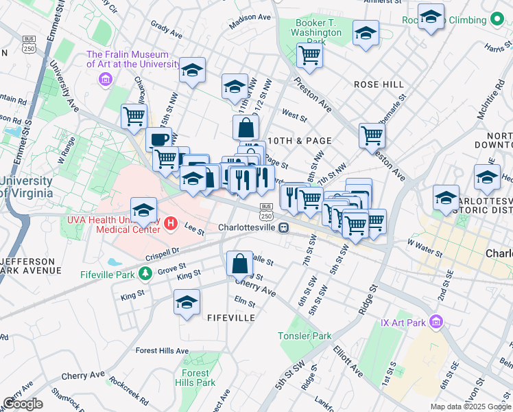 map of restaurants, bars, coffee shops, grocery stores, and more near 855 West Main Street in Charlottesville