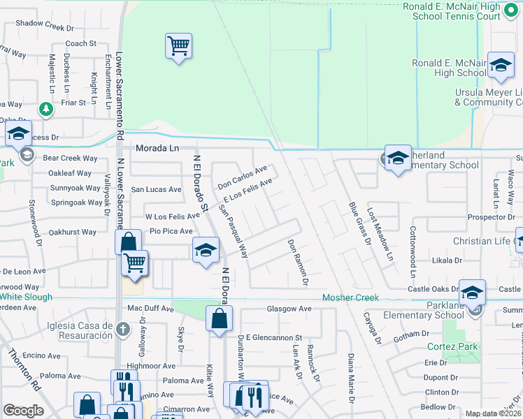 map of restaurants, bars, coffee shops, grocery stores, and more near 8814 Hermosa Court in Stockton