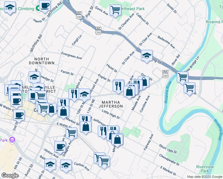 map of restaurants, bars, coffee shops, grocery stores, and more near 501 Orange Street in Charlottesville