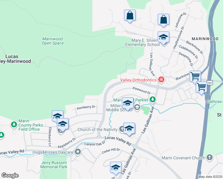 map of restaurants, bars, coffee shops, grocery stores, and more near 535 Miller Creek Road in San Rafael