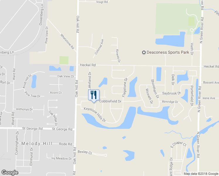 map of restaurants, bars, coffee shops, grocery stores, and more near 5950 Flemming Drive in Evansville