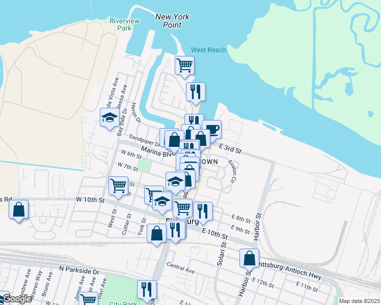 map of restaurants, bars, coffee shops, grocery stores, and more near 440 Railroad Avenue in Pittsburg