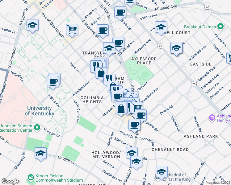map of restaurants, bars, coffee shops, grocery stores, and more near 378 Park Avenue in Lexington