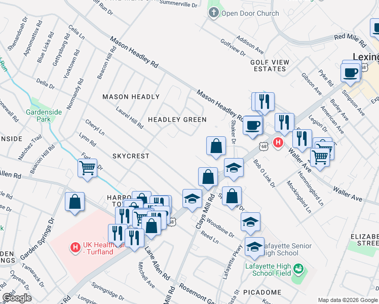 map of restaurants, bars, coffee shops, grocery stores, and more near 750 Shaker Drive in Lexington