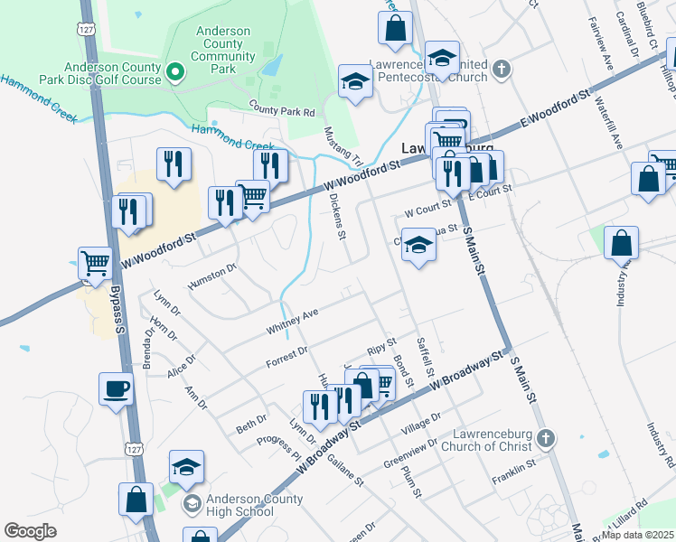 map of restaurants, bars, coffee shops, grocery stores, and more near 209 Canterbury Street in Lawrenceburg