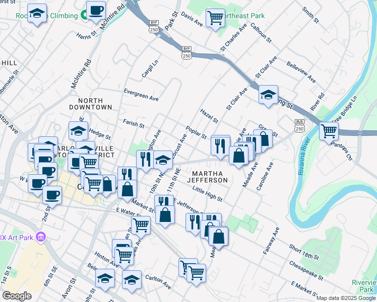 map of restaurants, bars, coffee shops, grocery stores, and more near 521 Grove Ave in Charlottesville